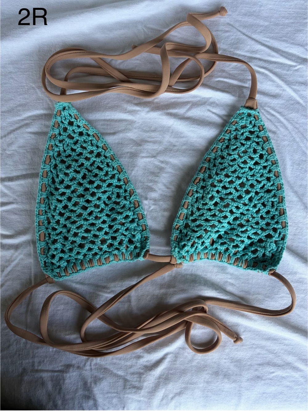 Crochet Triangle Bikini Top in Teal with Tan Straps